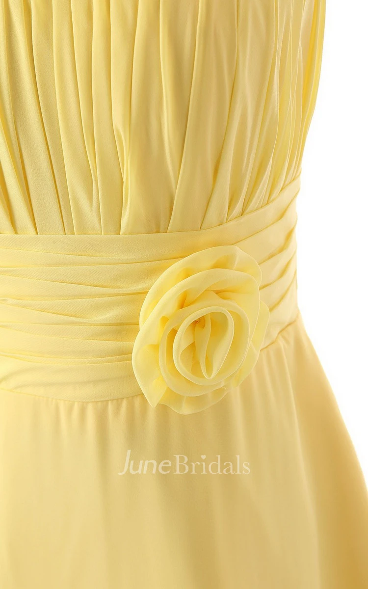 Asymmetrical One-shoulder Pleated Chiffon A-line Dress With Flowers