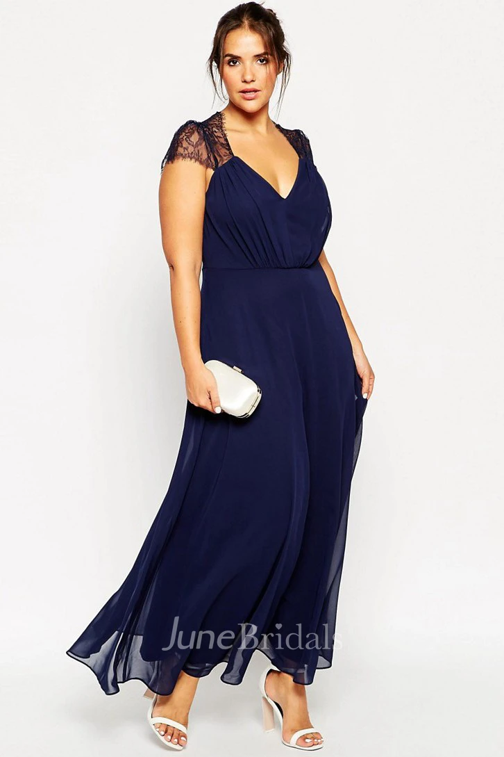 Cap-sleeve V-neck Ankle-length Chiffon Dress With Lace