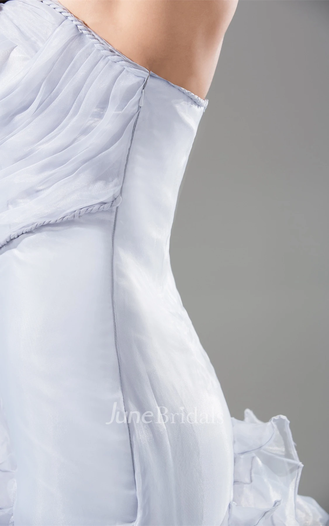 Strapless Column Front-Split Dress with Ruching and Cascading Ruffles