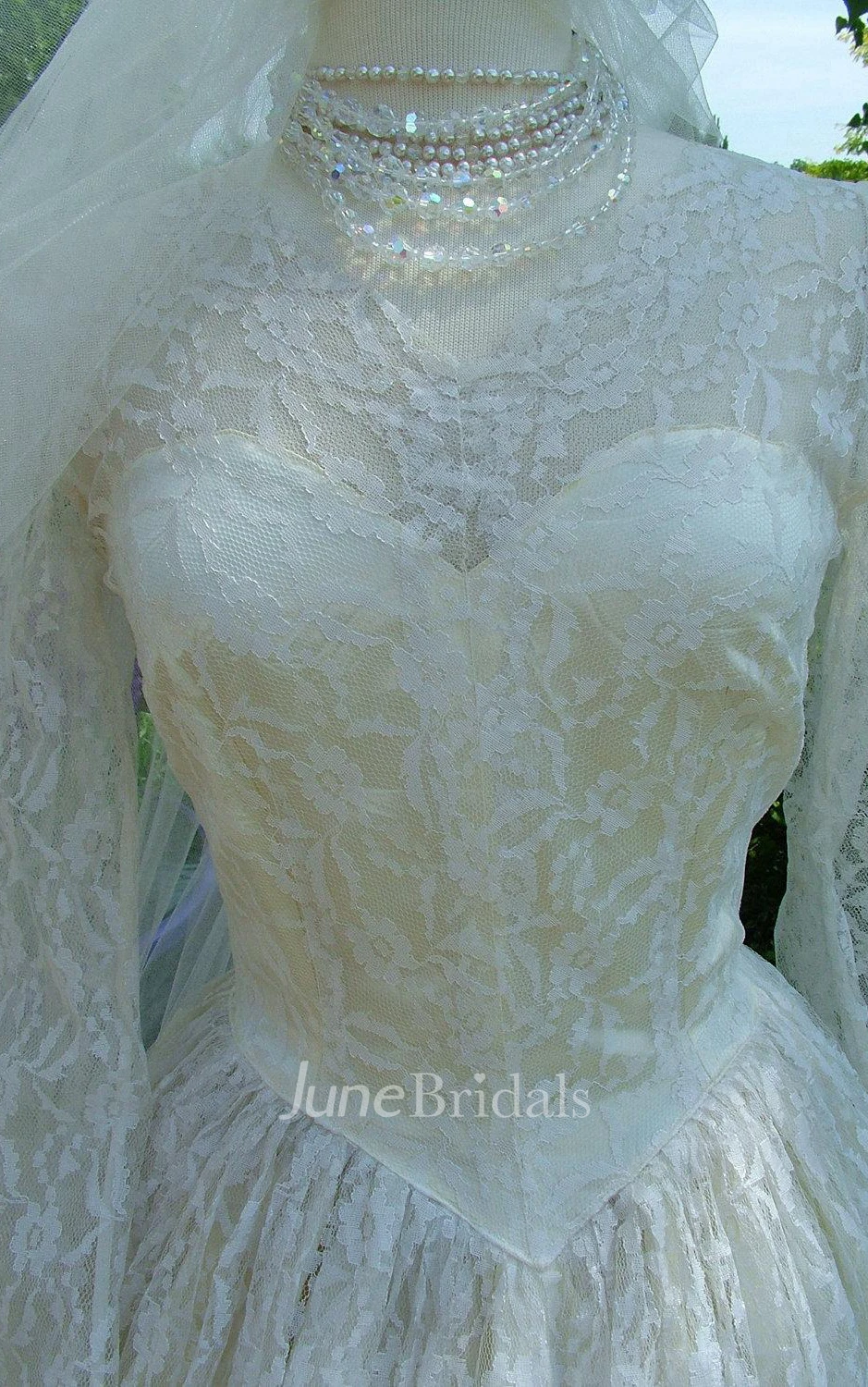 Middleton Style Vintage Wedding Lace Sleeves Fitted Bodice Bridal Gown Dress