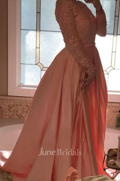 Ball Gown Long Sleeves Off-the-shoulder Beading Satin Floor Length Dress