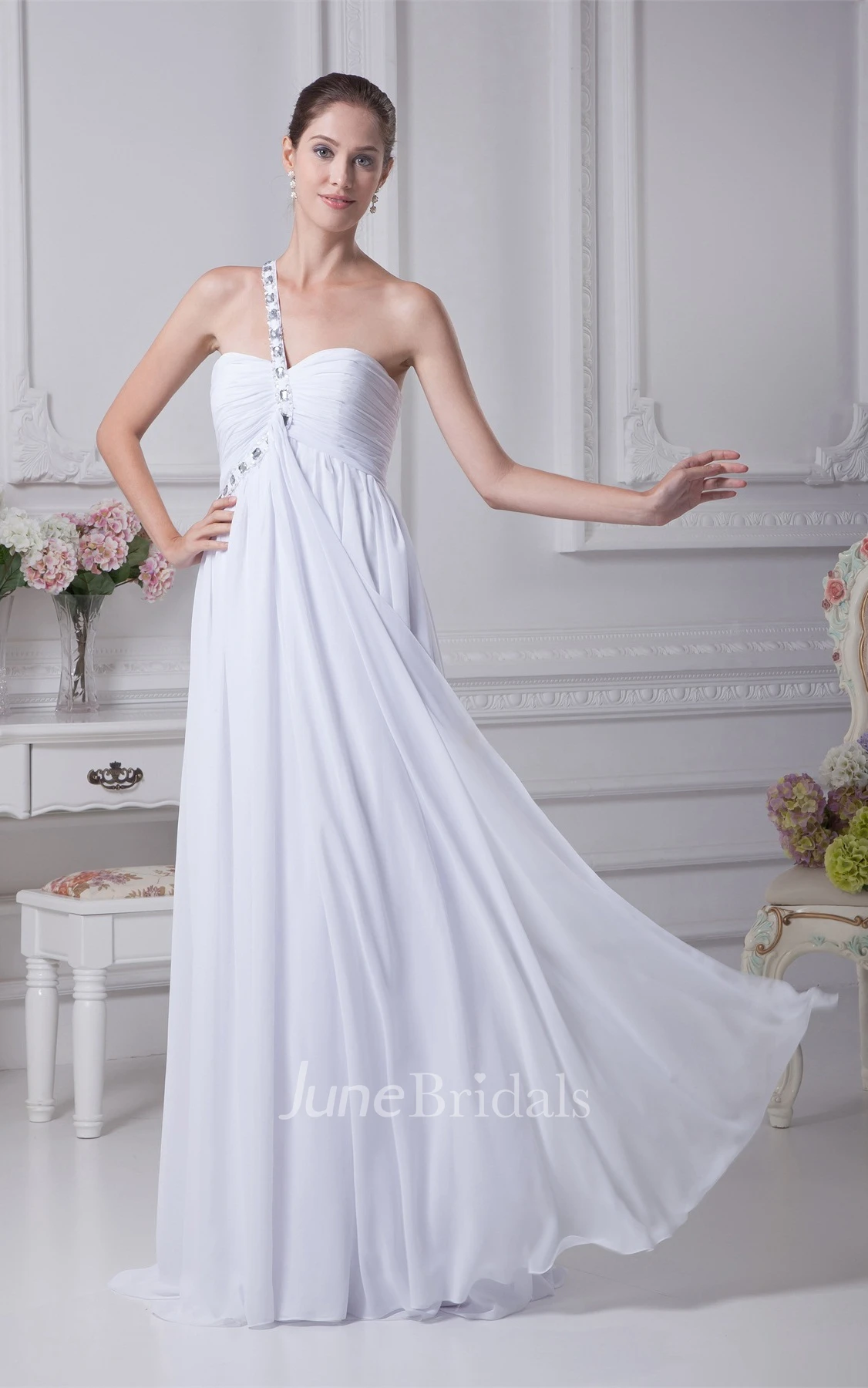 Strap One-Shoulder Sweetheart Ruched Dress with Beadings and Zipper Back