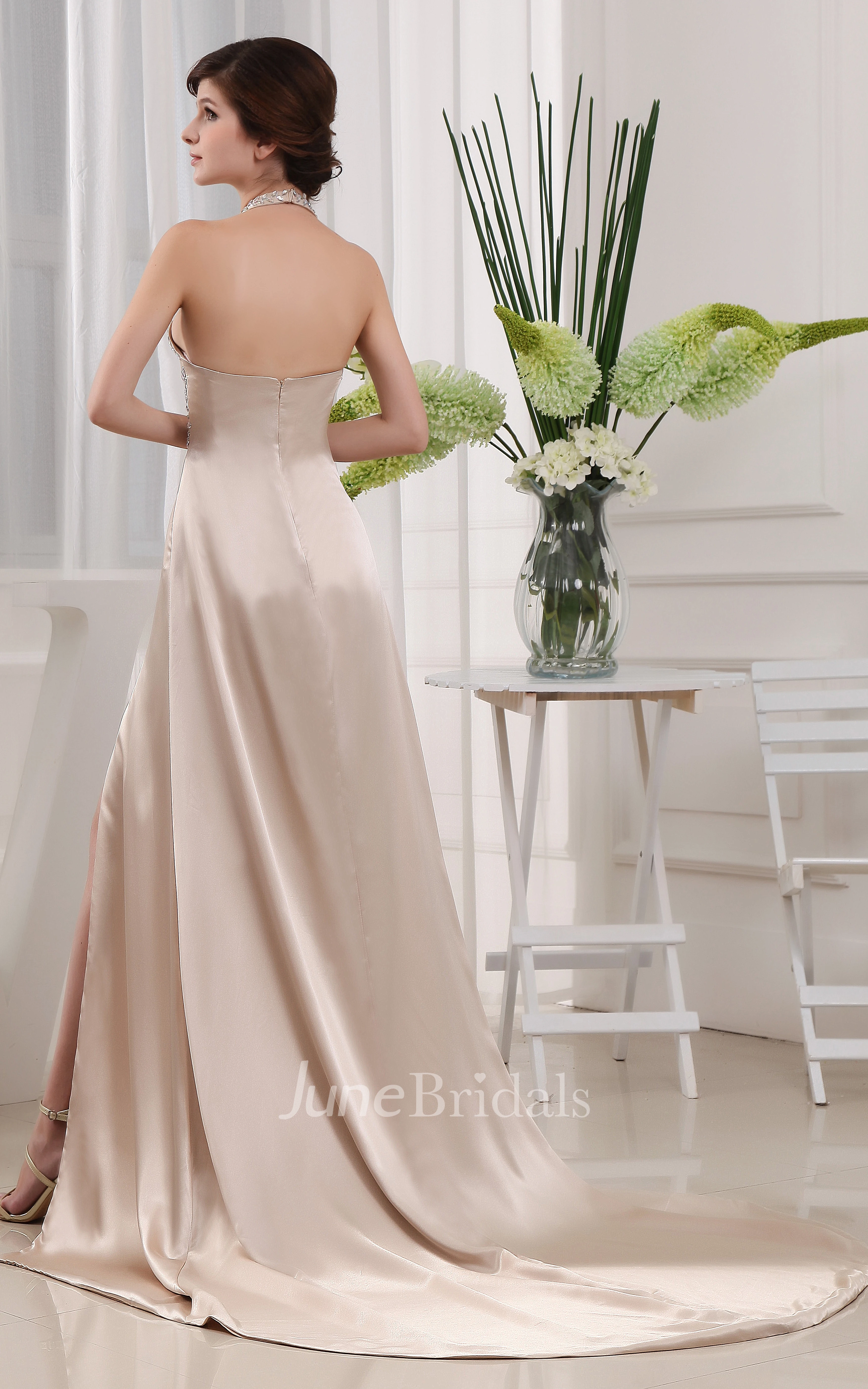 Sleeveless Front-Split Beaded Dress With Halter and Brush Train