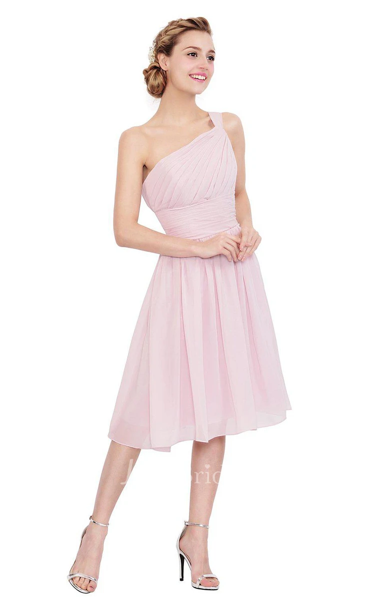 One-shoulder Knee-length Chiffon Dress With Pleats