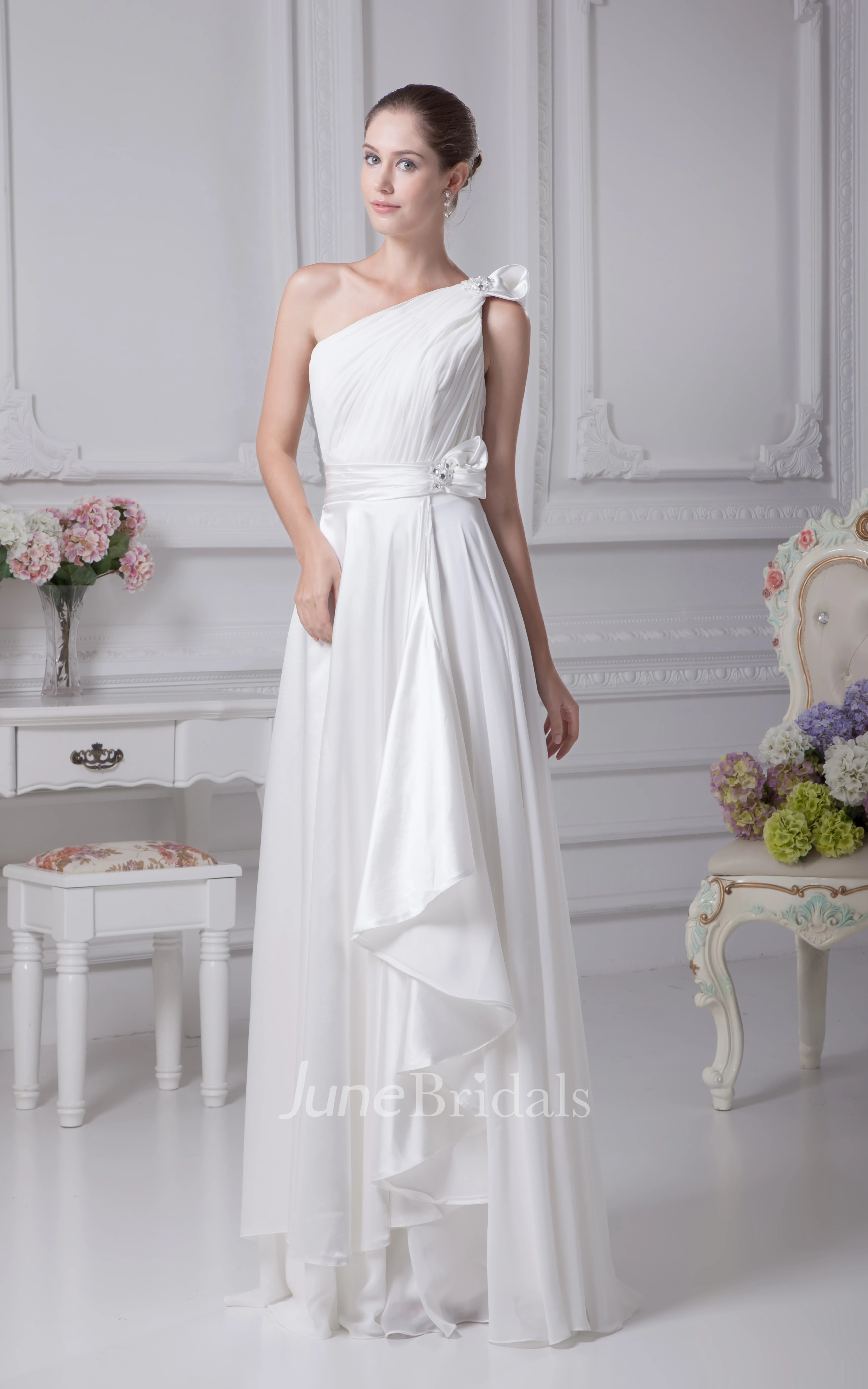 One-Shoulder Chiffon Ruched Floor-Length Dress With Draping