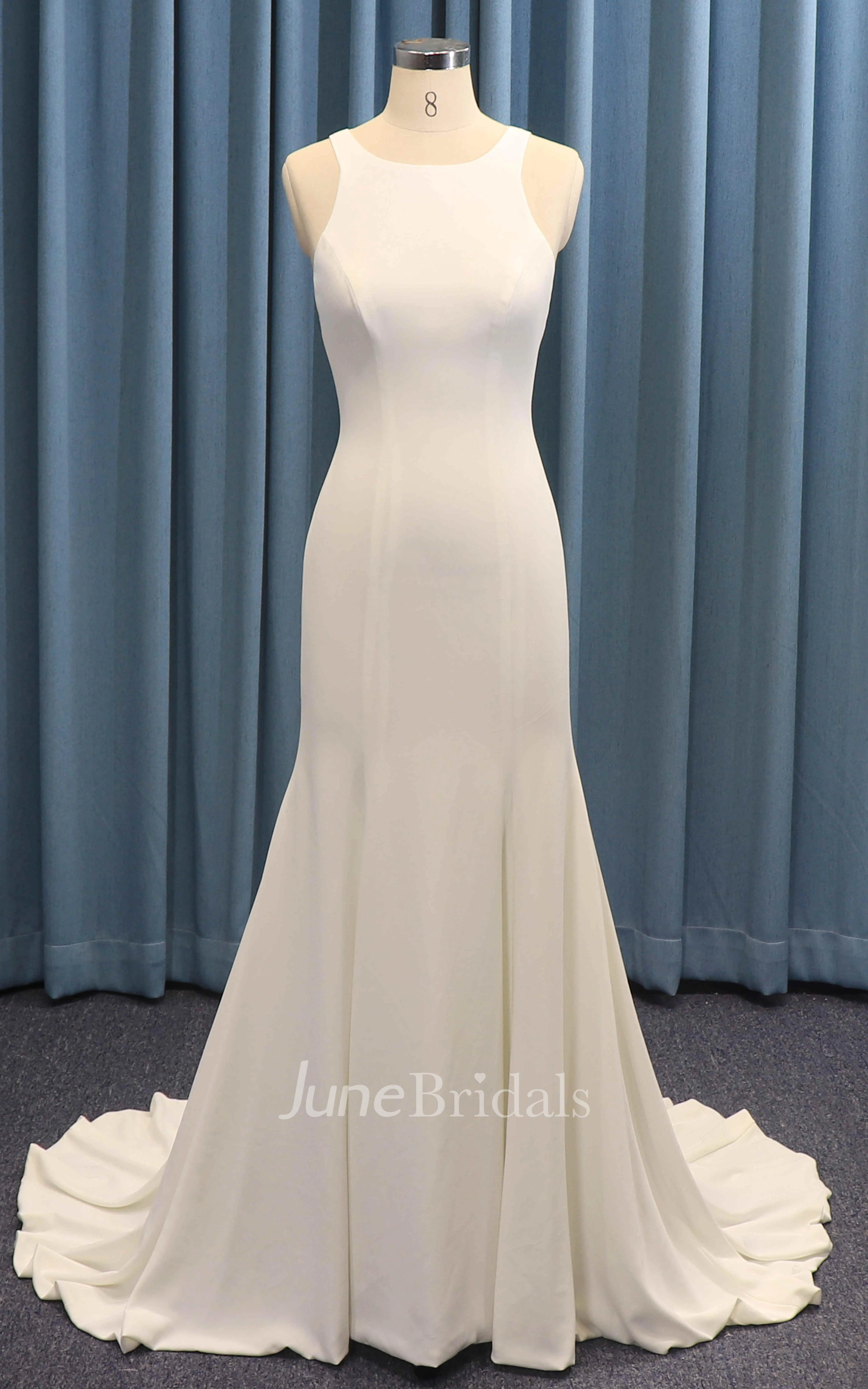 Satin Ruching Sleeveless Jewel Neck Mermaid Wedding Dress With Illusion Back With Buttons