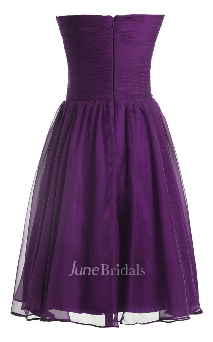 Strapless Pleat and Ruched A-line Dress With Leaf Print