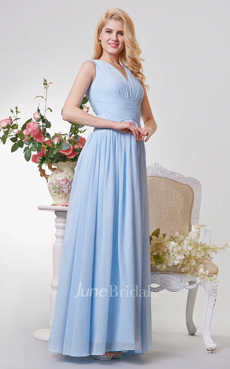 Sleeveless A-line Long Chiffon Dress With Pleats