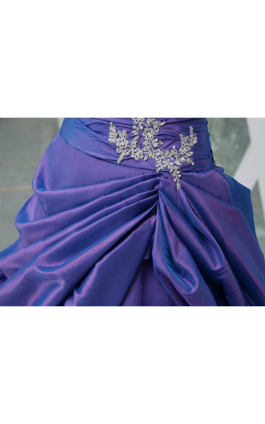 One-Shoulder Ruched Pick-Up Ball Gown with Appliques