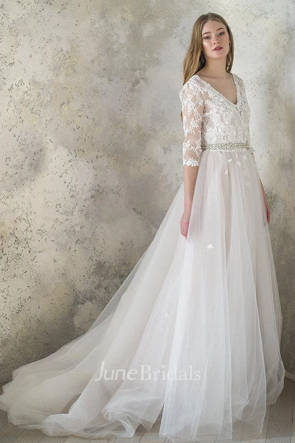 V-Neck 3-4 Length Sleeve Tulle Sequined Satin Beaded Lace Button Wedding Dress