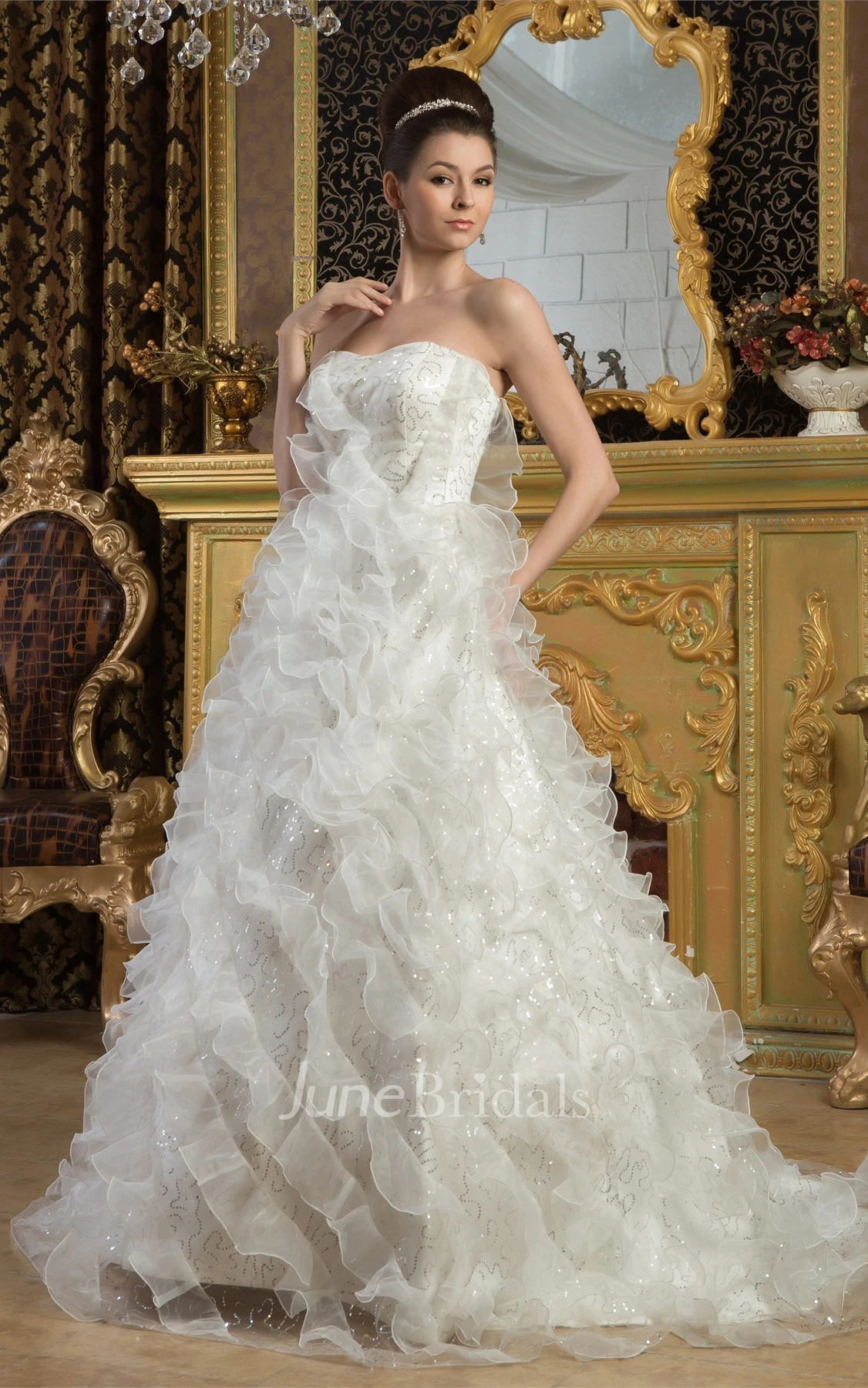 Strapless A-Line Ruffled Gown with Sequins