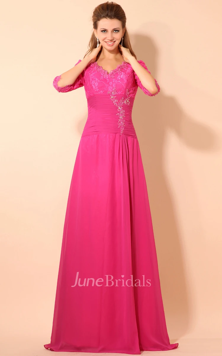 Maxi Half-Sleeve V-Neck Dress With Ruching Waist And Lace