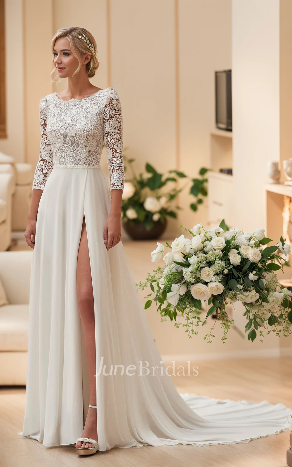 Romantic Vintage A-Line Boho Lace Split Front Warm Wedding Dress Sexy Floral Round Neck Teardrop Back Sheer Three-Quarter Sleeve Chiffon Bridal Gown