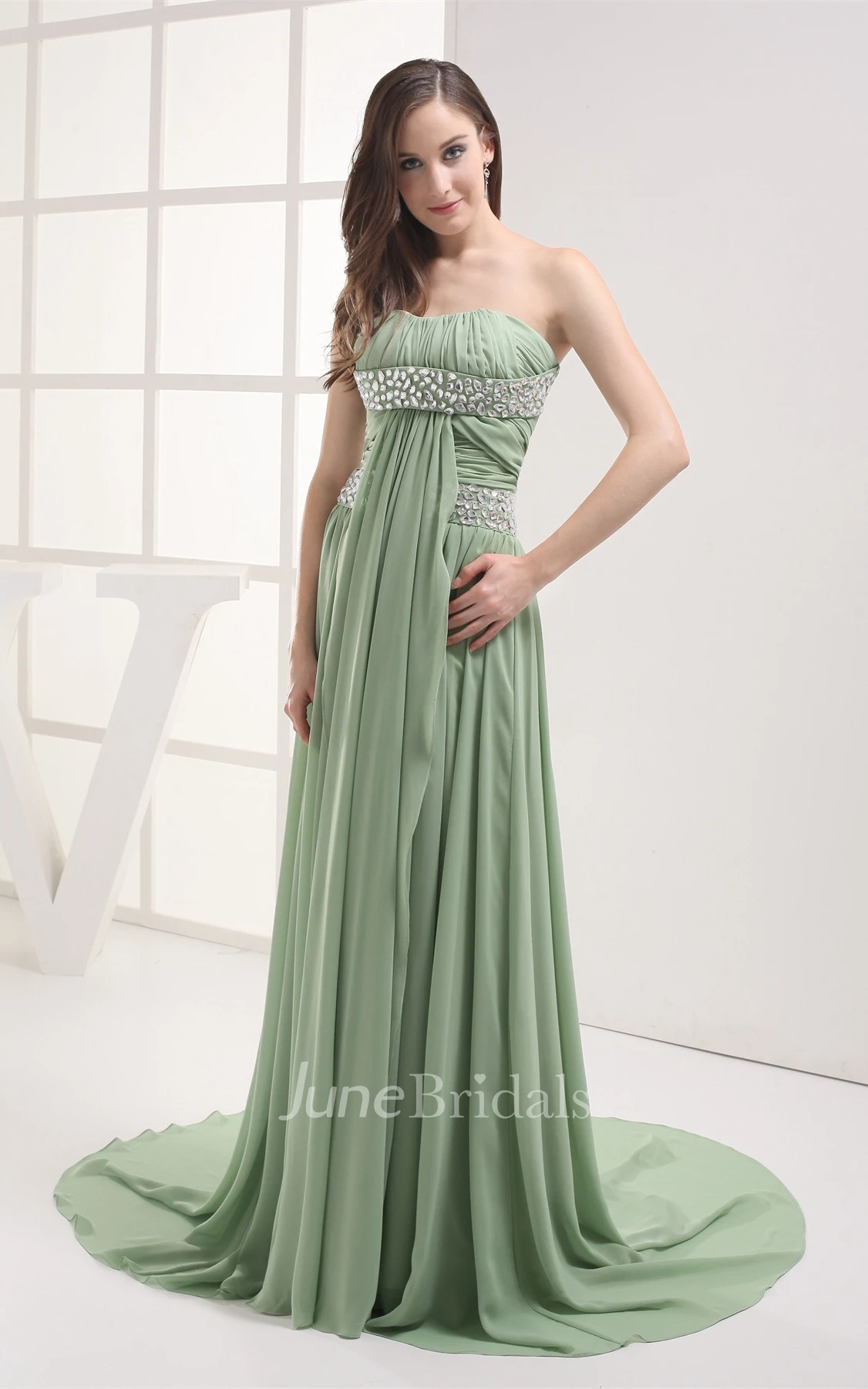Chiffon Strapless Pleated Maxi Dress with Ruching and Rhinestone