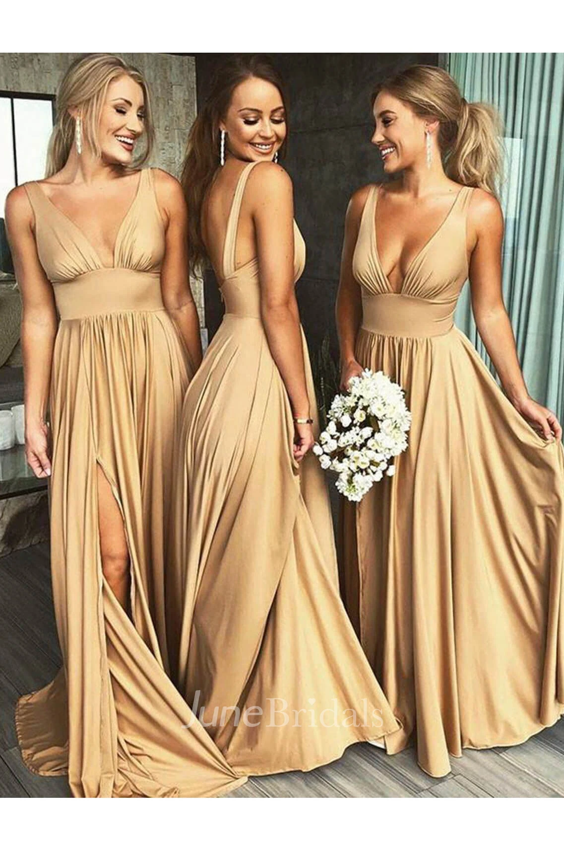 Front Split Plunging V-neck Sleeveless Empire Bridesmaid Dress With Pleats