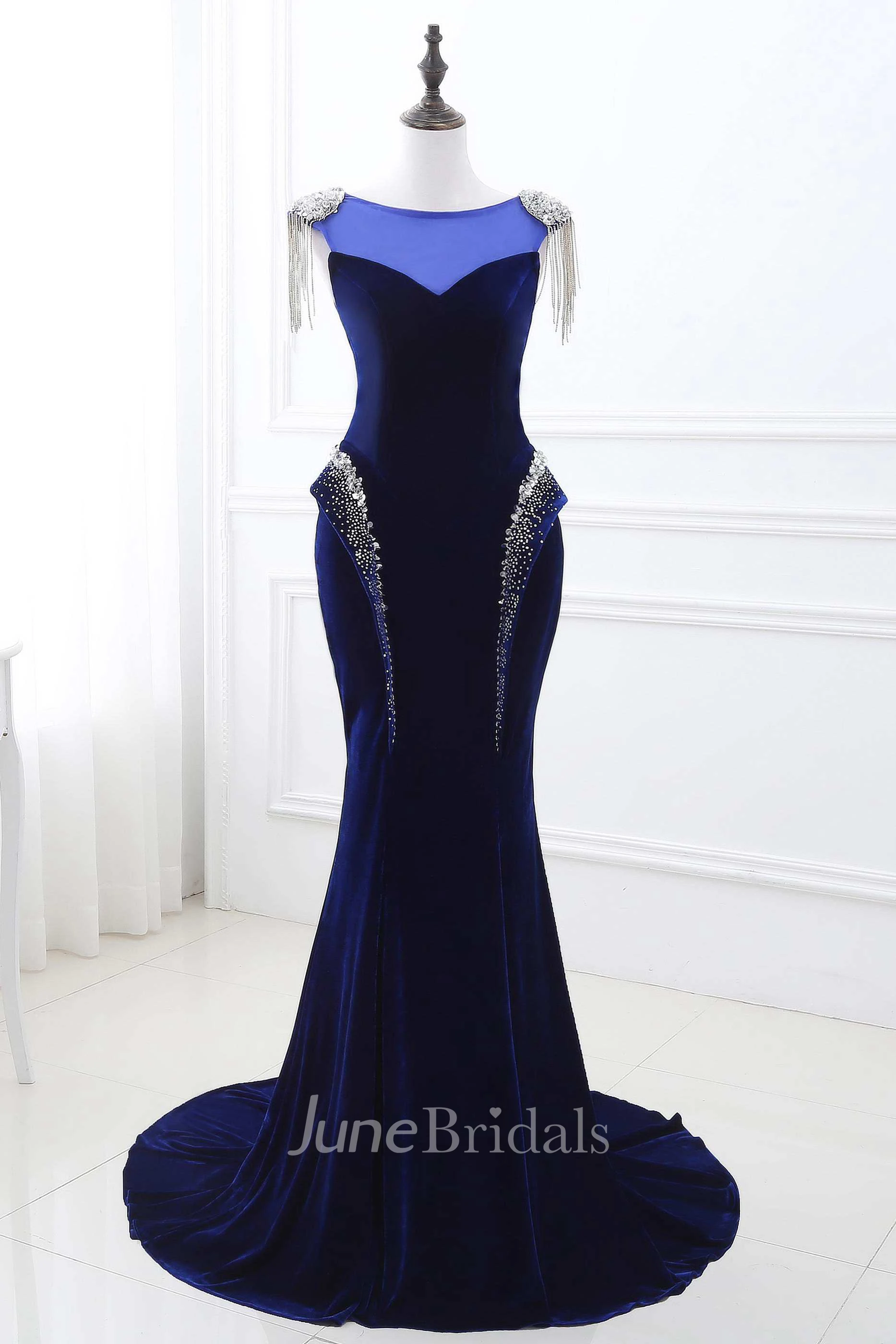 Tassel Cap Sleeve Bateau Neck Mermaid Velvet Gown