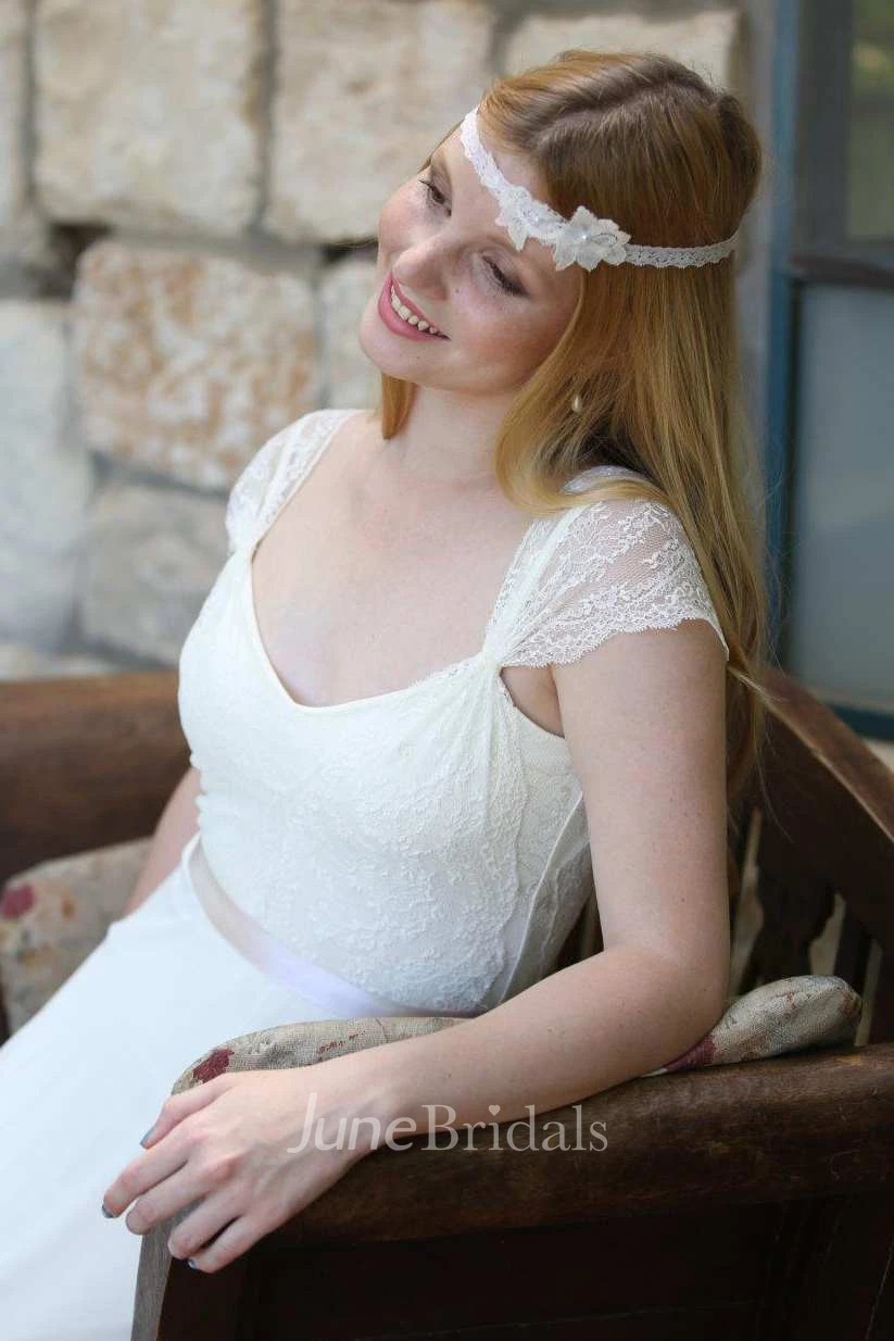 Casual Lace Cap-Sleeve Chiffon Sheath Long Wedding Dress With Deep-V Back