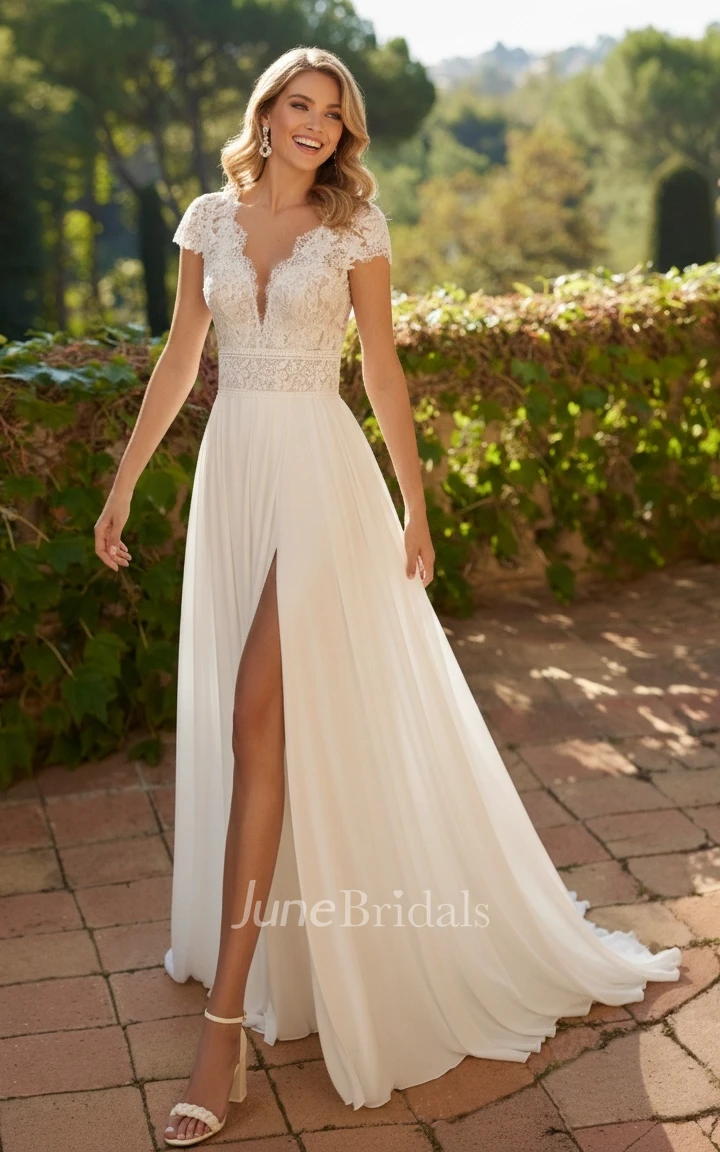 Ethereal A-Line V-neck Chiffon Lace Floor-length Wedding Gown Vintage Elegant Cap Sleeve Split Front Bridal Gown with Button Illusion Back