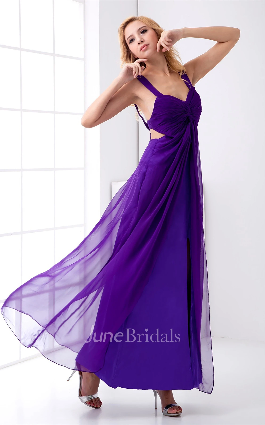 chiffon ankle-length strapped dress with front slit and ruching