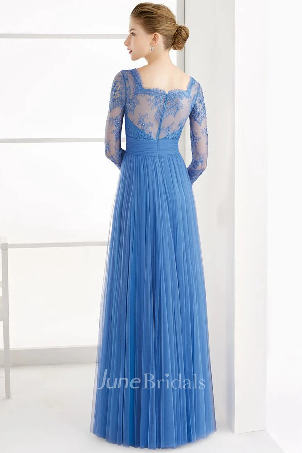 V-neck Illusion Long Sleeve Tulle Dress With Lace Appliques