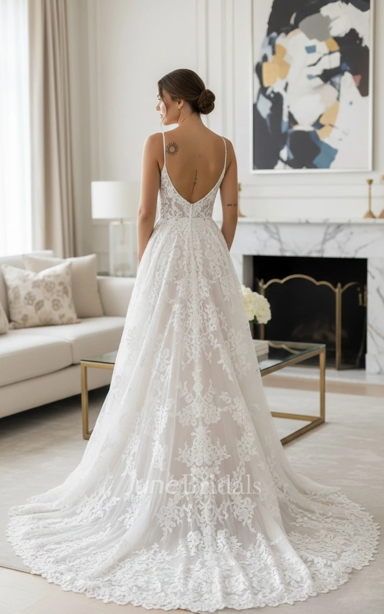 Beach Lace A-Line Wedding Dress Boho V-Neck Spaghetti Gown with Slit