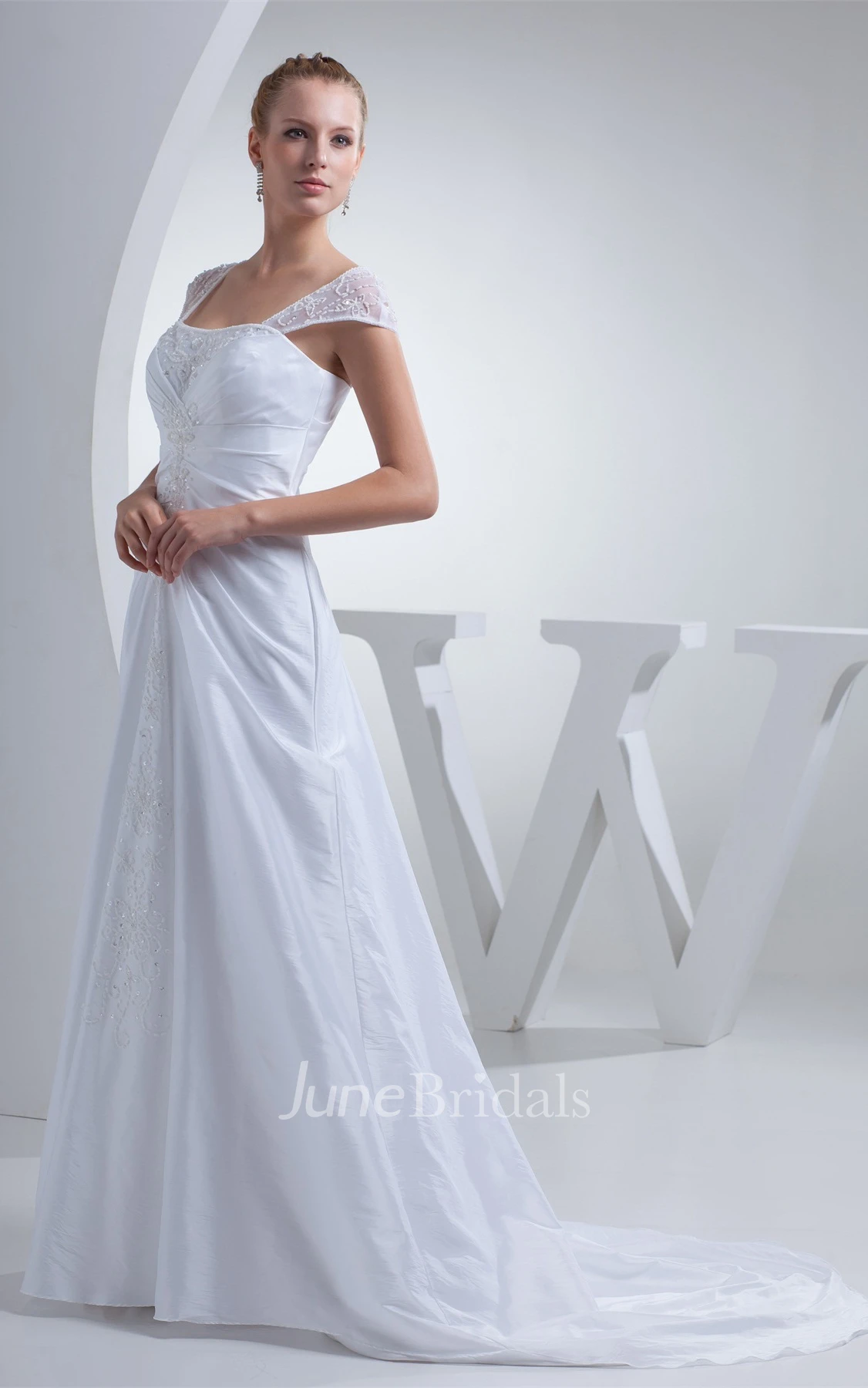 Caped-Sleeve Central-Ruched A-Line Dress with Beading and Sweep Train