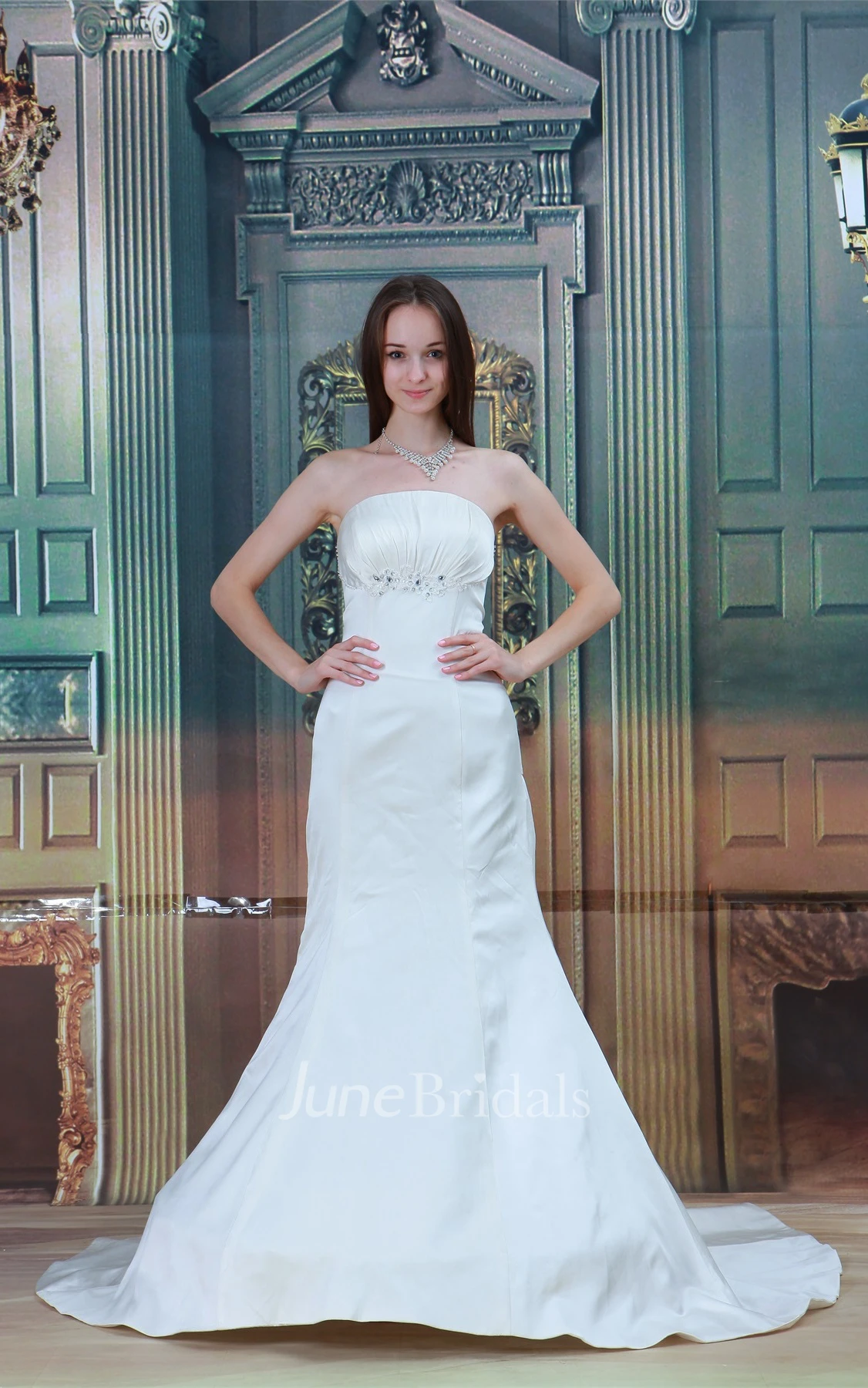 strapless trumpet satin gown with corset back and jeweled top