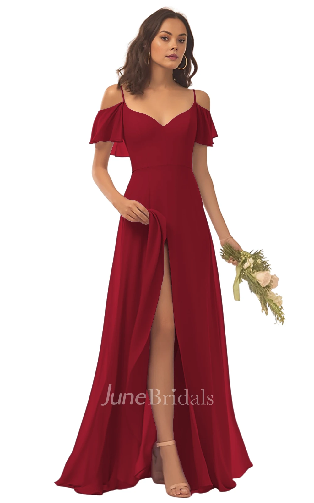 Beautiful A-Line Spaghetti Chiffon Bridesmaid Dress with Split Front