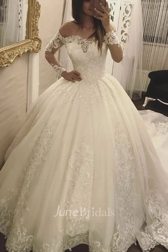 Long Sleeve Luxury Off-the-shoulder Illusion Lace Ballgown Wedding Dress With Keyhole Back