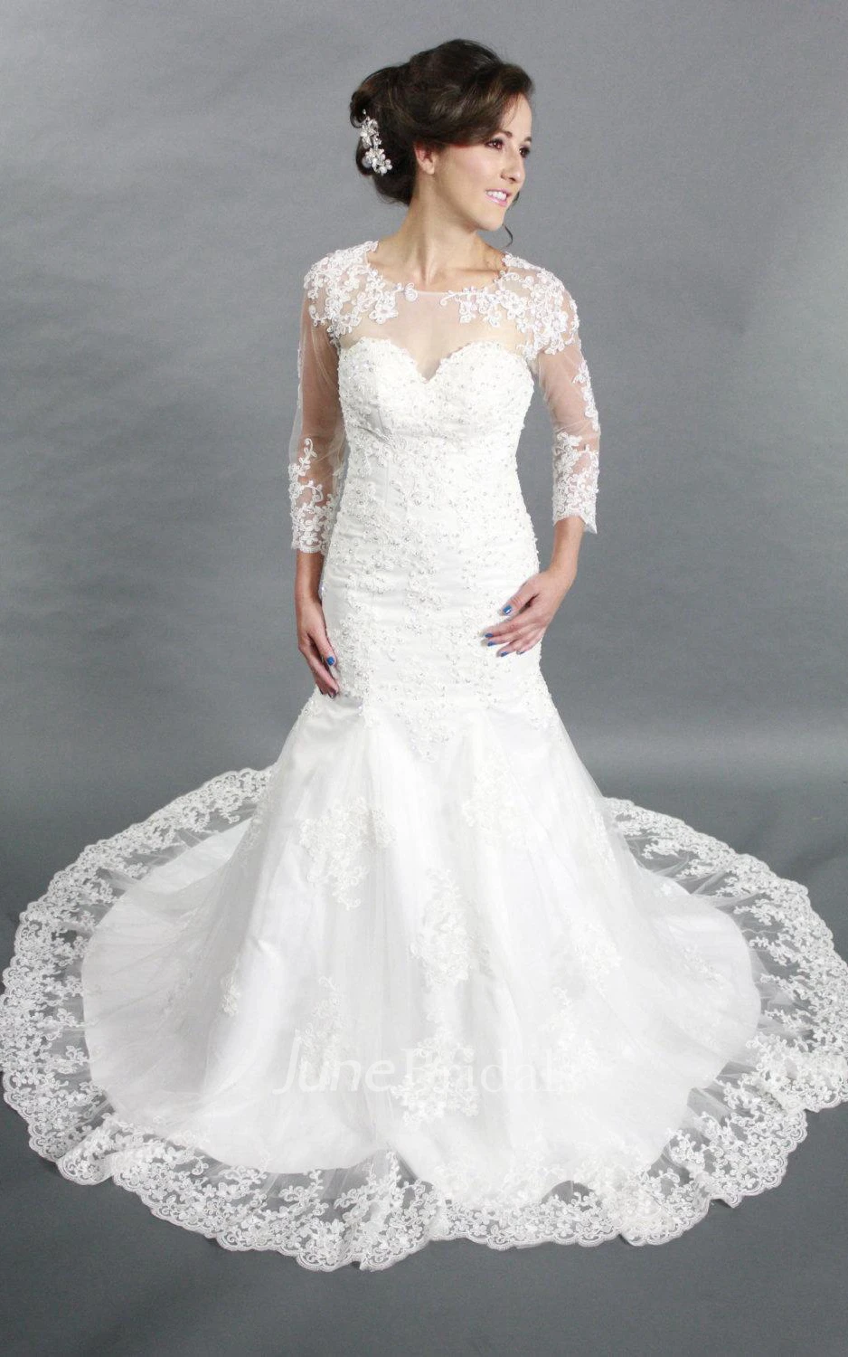 Jewel Neck Long Sleeve Mermaid Lace Wedding Dress With See Through Back