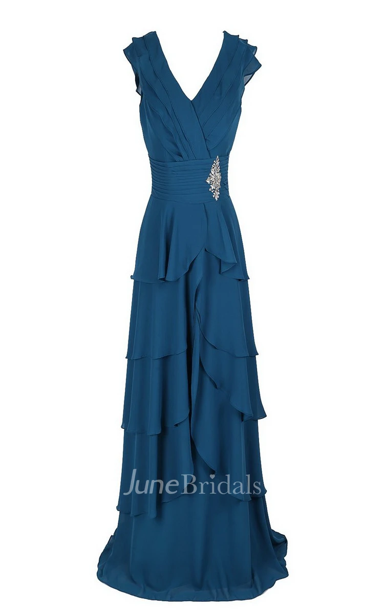 V-neck Tiered Chiffon A-line Gown With Crystal Detail