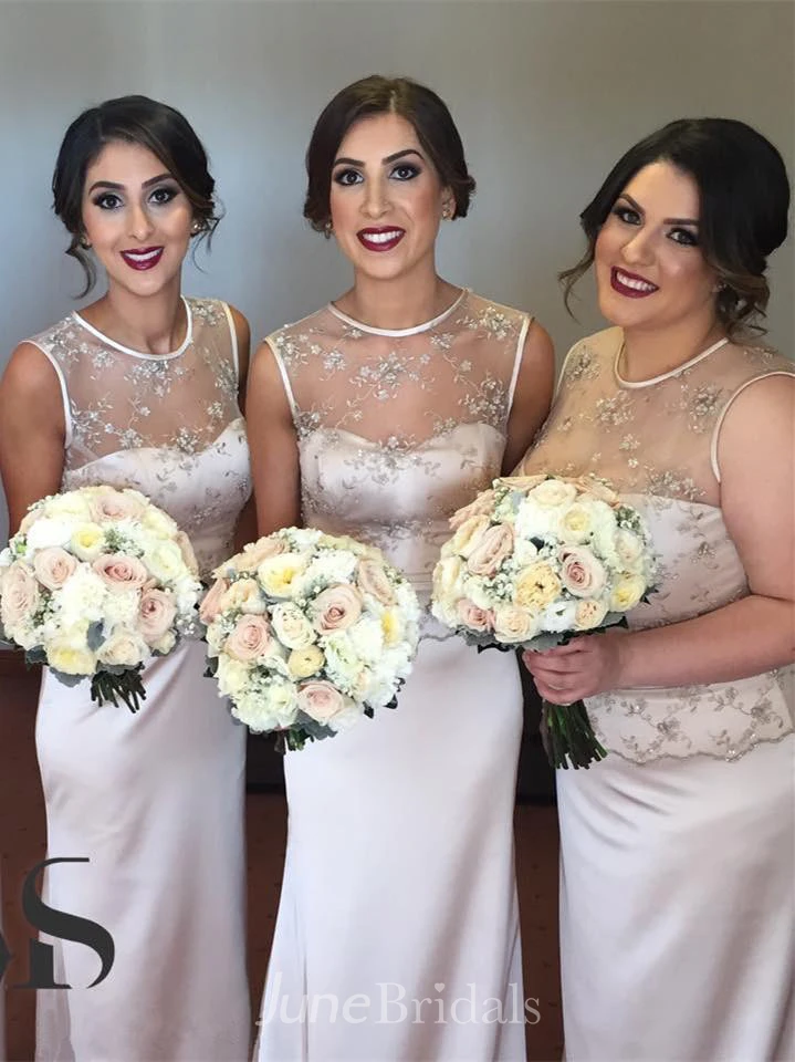 Delicate Illusion Appliques Bridesmaid Dress Sleeveless Sweep Train