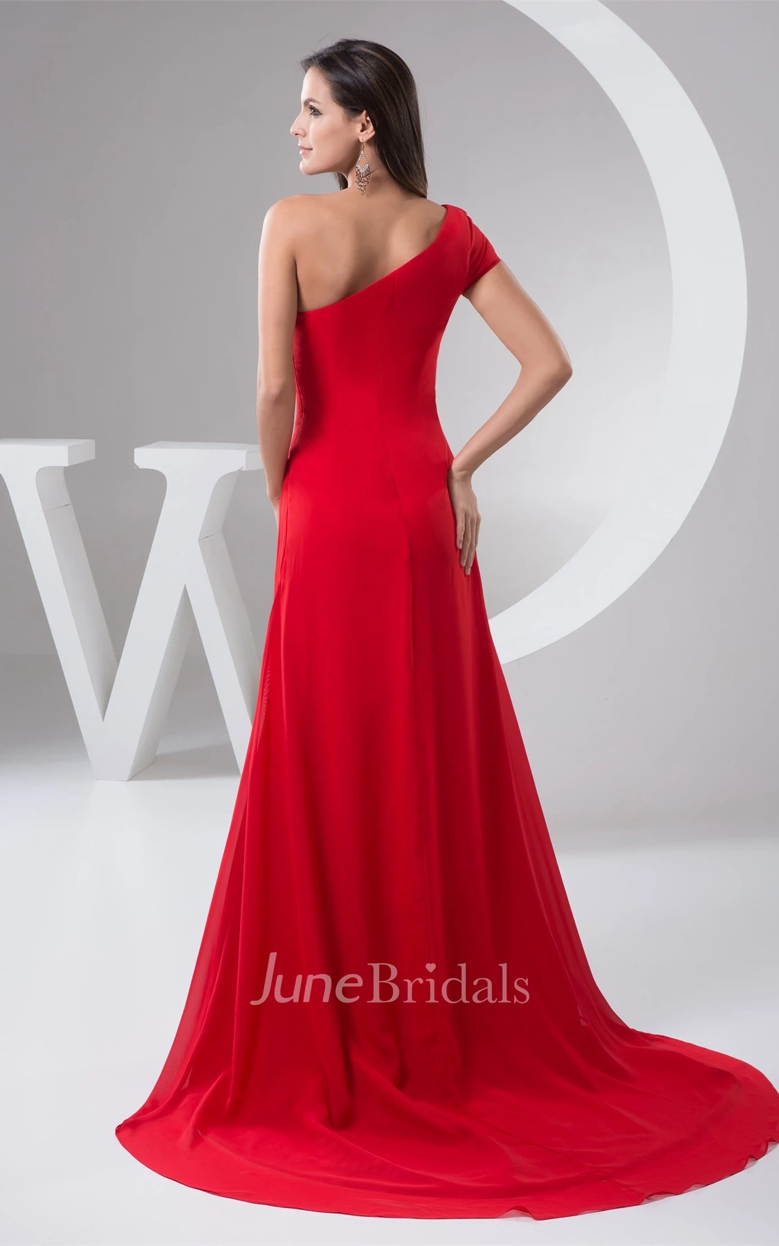 One-Shoulder Front-Split Sheath Dress with Brush Train