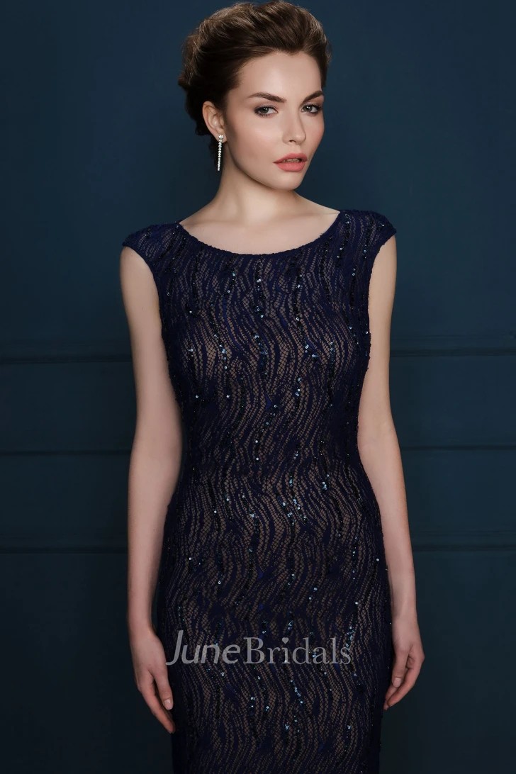 Sheath Sequined Cap-Sleeve Scoop-Neck Long Evening Dress