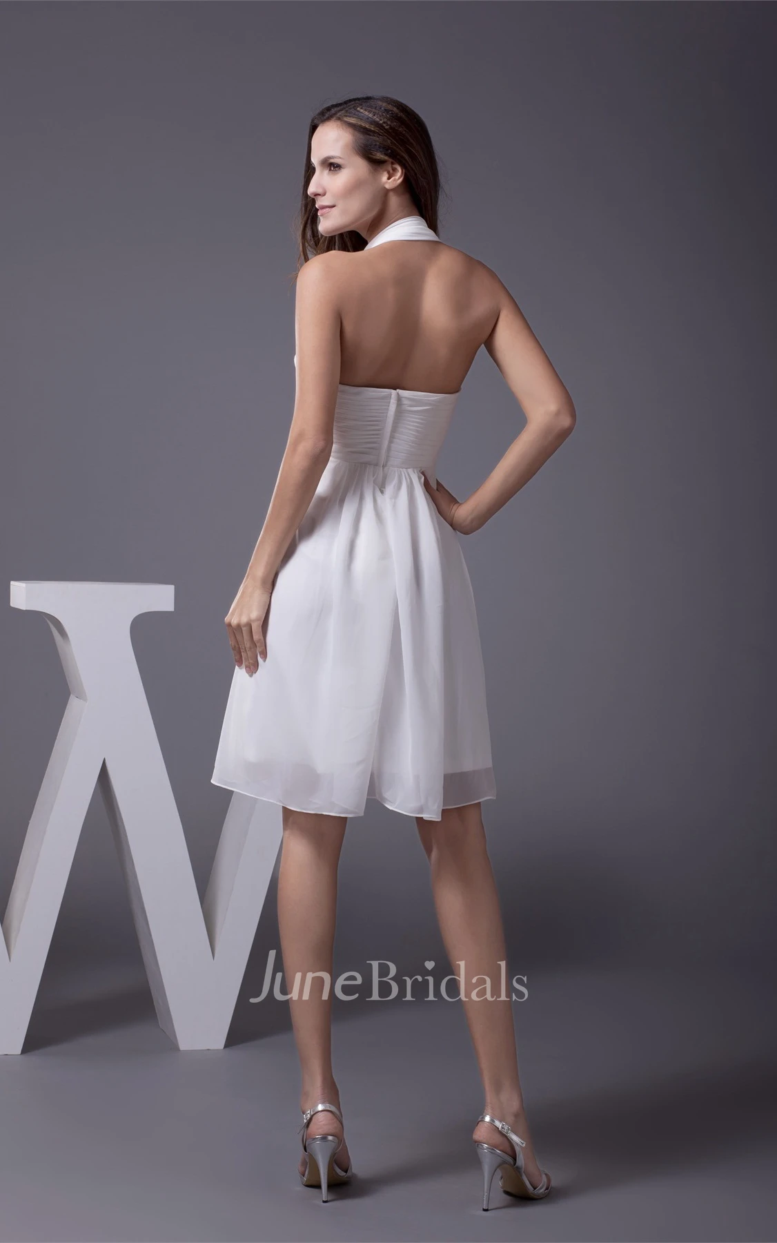 Knee-Length Sleeveless Halter A-Line Dress with Ruching and Beadings