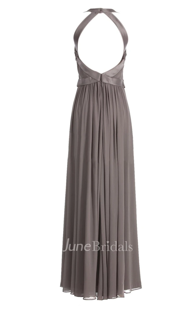Halter Pleated Chiffon A-line Gown With Deep-v Back