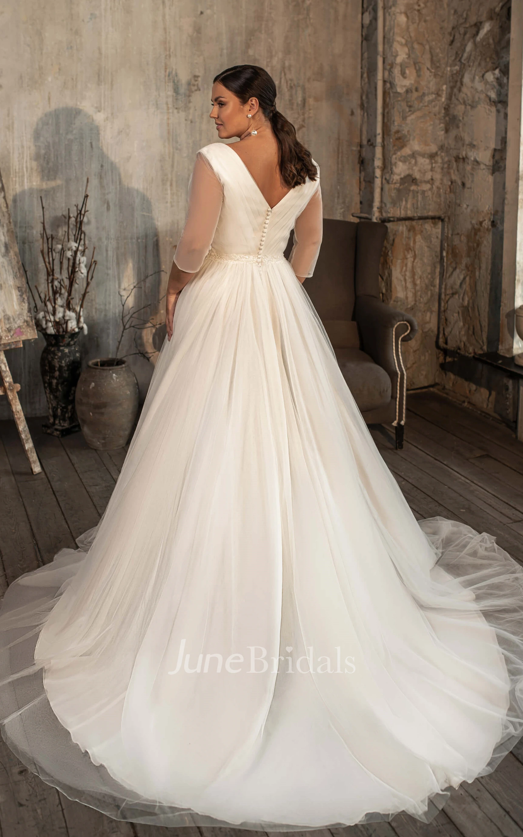 lyse gentage lavendel Casual V-neck A Line Tulle Court Train Wedding Dress with Ruching - June  Bridals
