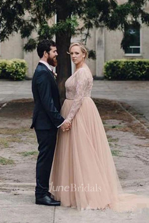 Elegant Modest Pink Plus Size Blush Long Sleeves A Line Tulle Lace Bling Sequins V Neck Bridal Gown