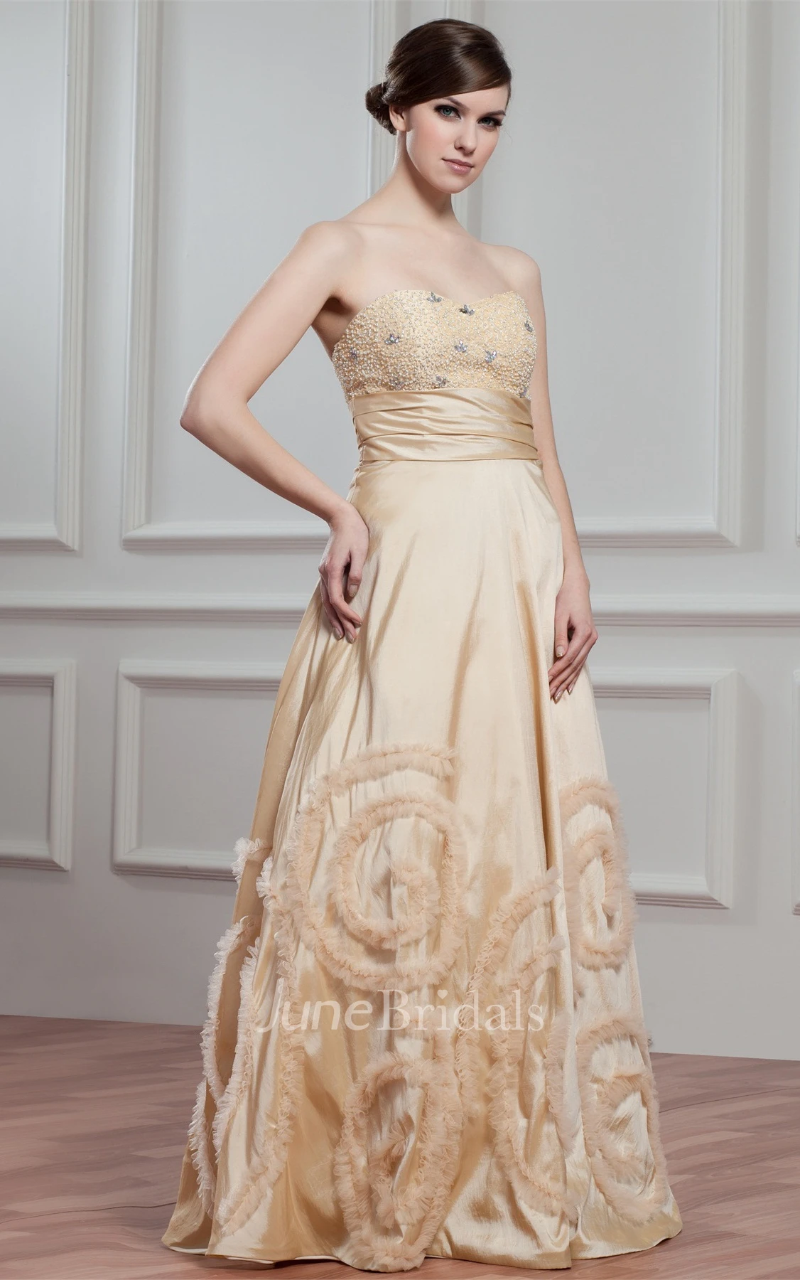 Sweetheart Pleated A-Line Gown with Ruffles and Beaded Top