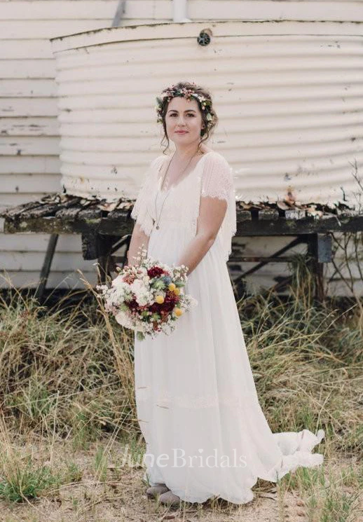 Bohemian Plus Size Lace Short Sleeves Scoop Open Back Warm Wedding Dress