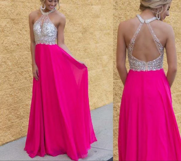 Modern Chiffon Halter Sequins Fuchsia Prom Dress Sleeveless Floor-length