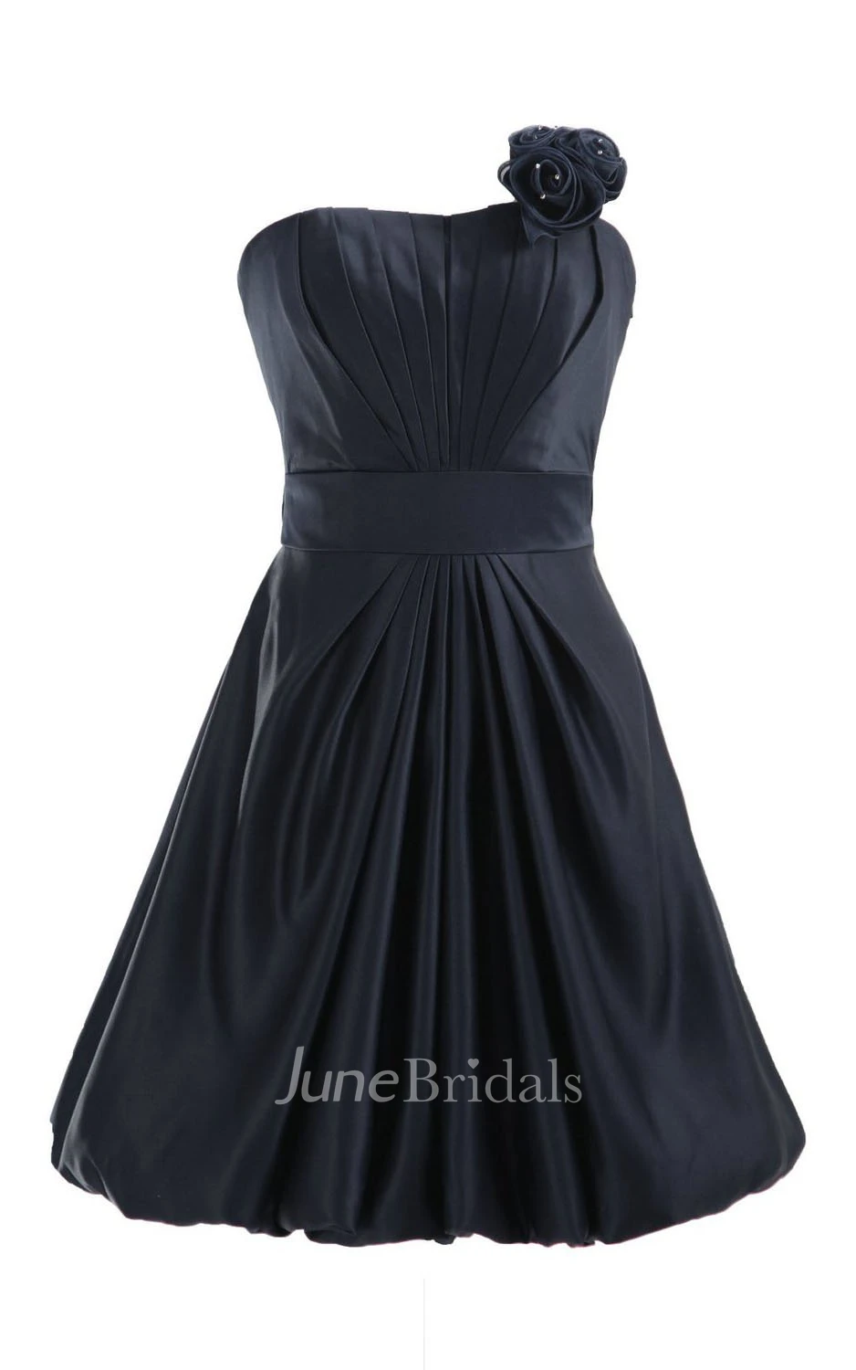 Strapless Appliqued Ruched Bodice Short Pleated Satin Dress