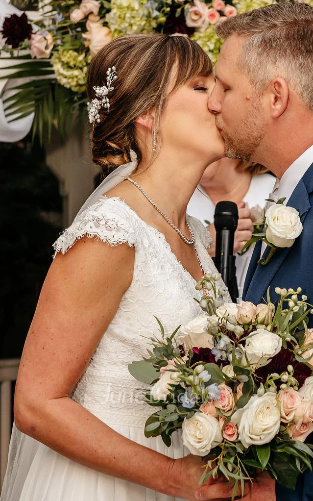 A-Line Plus Size Modest Low V-Neck Illusion Back Lace Cap Sleeve Tulle Trailing Spring Wedding Dress