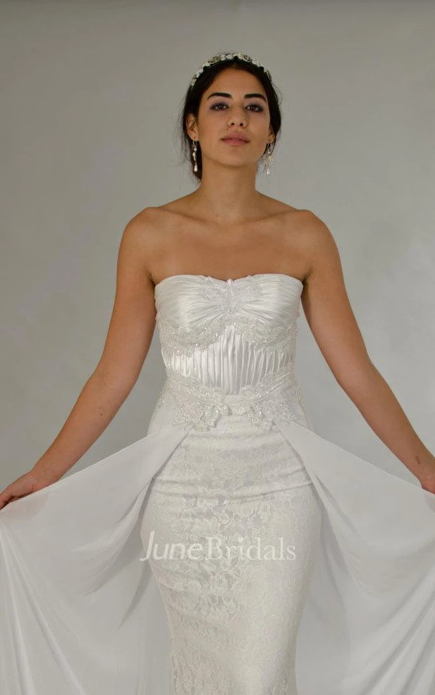 Strapless Long Sheath Lace Wedding Dress With Detachable Chiffon Skirt