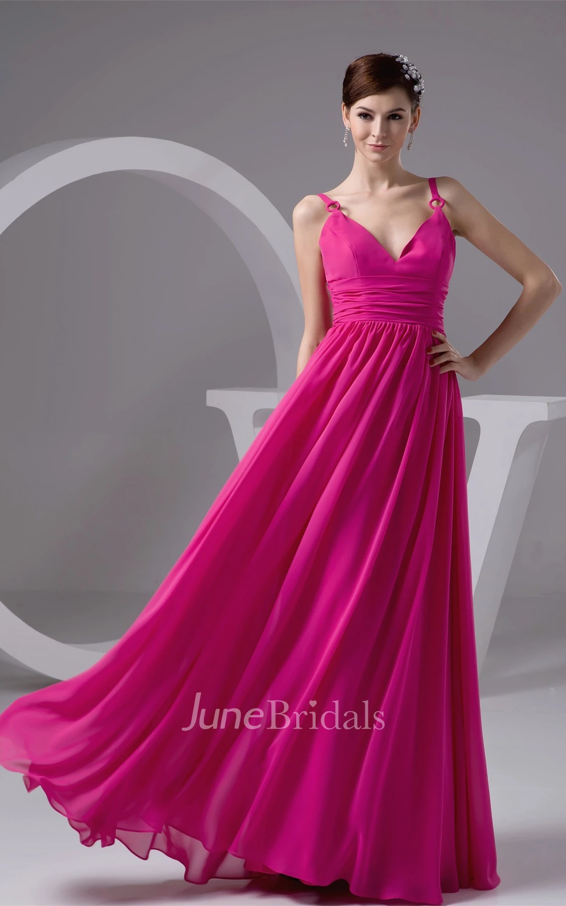 Strapped Plunged Chiffon Maxi Gown with Pleats