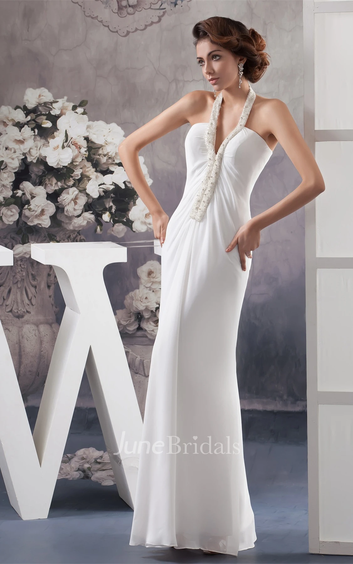 Notched Ankle-Length Chiffon Dress with Beading and Halter
