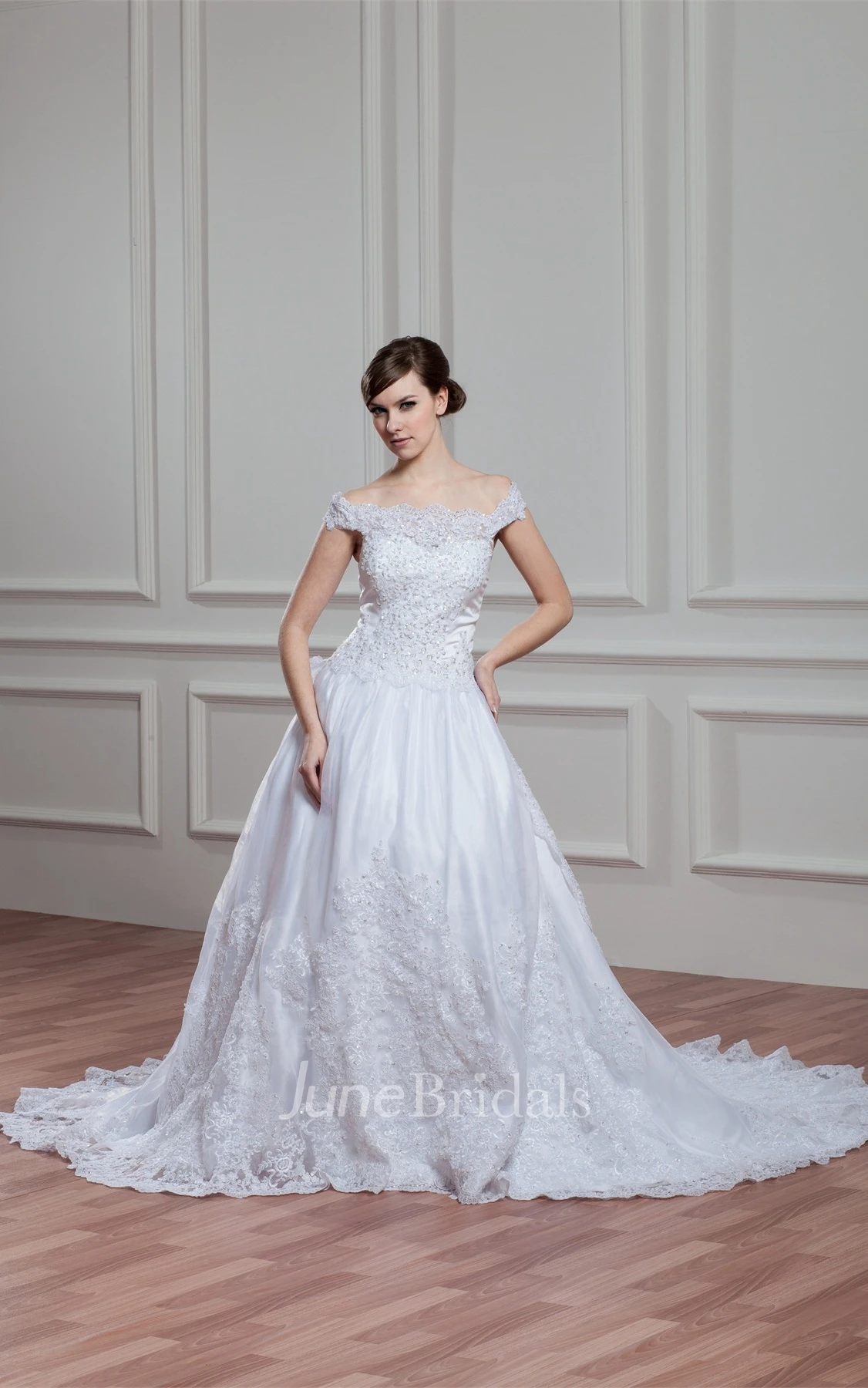 Off-The-Shoulder A-Line Appliqued Gown with Pleats