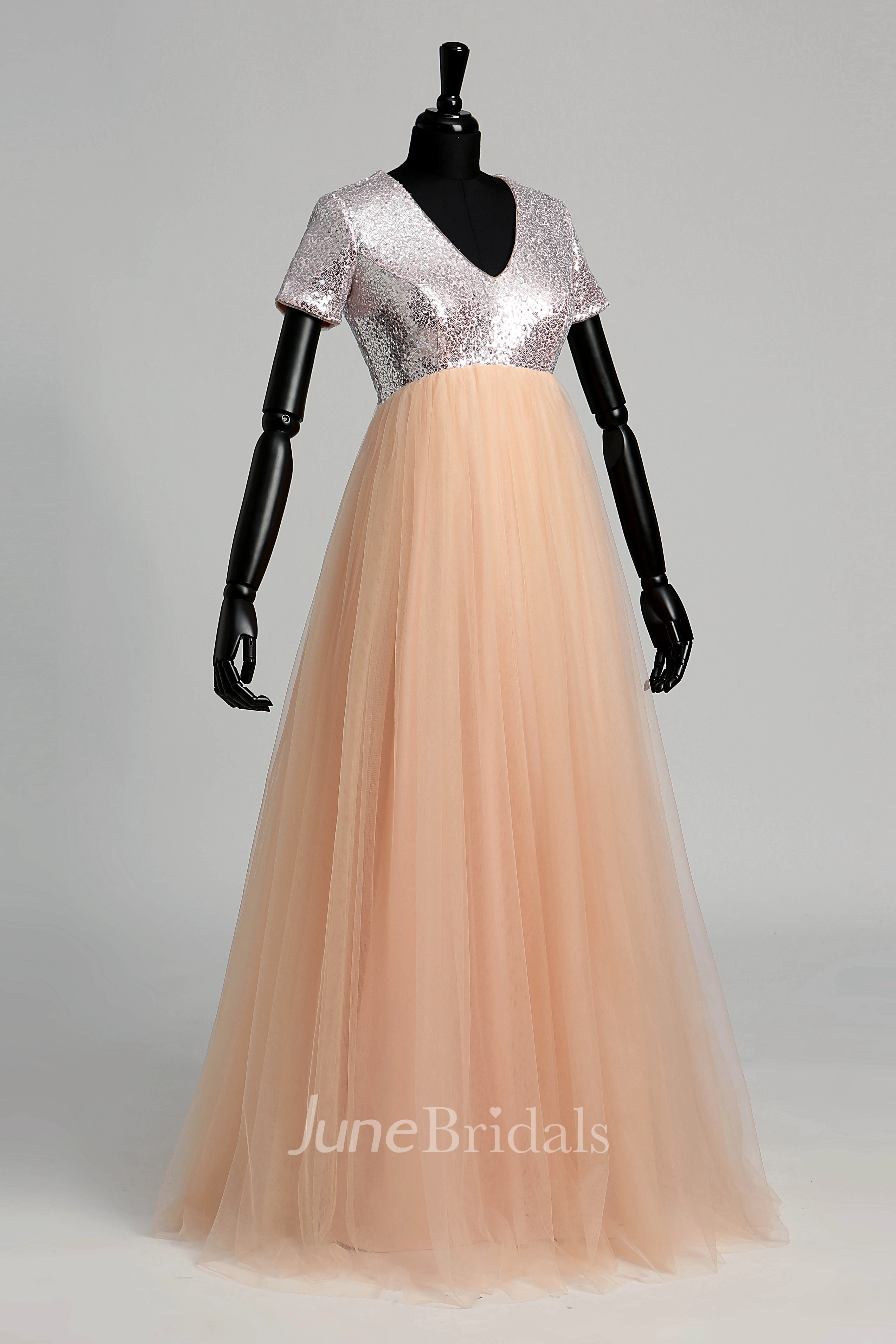 V-neck Short Sleeve Sequined Bodice Dress