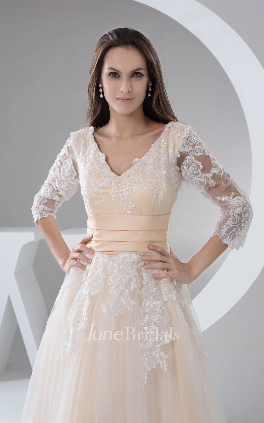 Deep-V-Neck Lace Half-Sleeve Ankle-Length Dress with Pleats