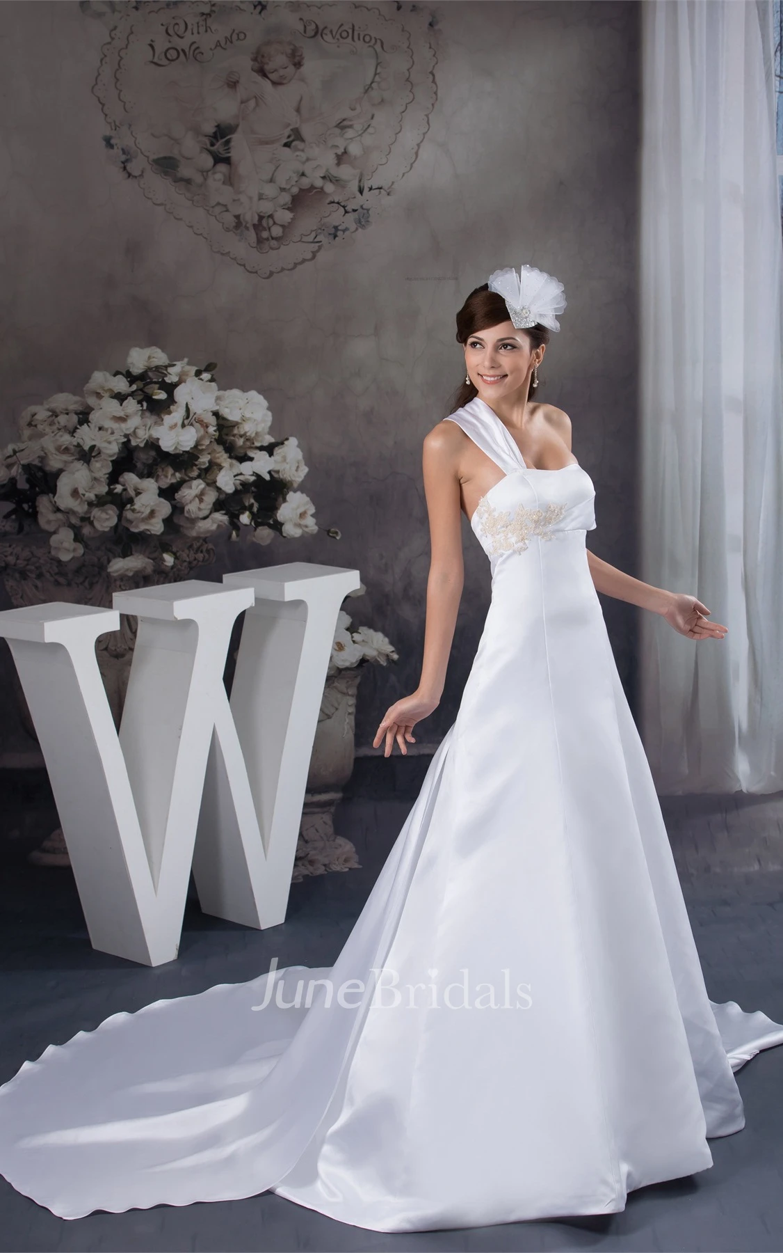 Satin Single-Strap A-Line Gown with Appliques and Court Train